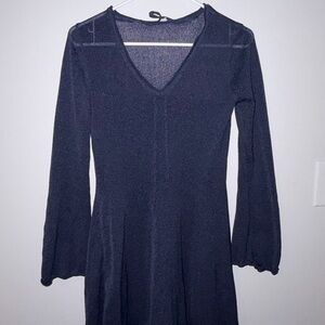 Navy Flowy Long-Sleeve V-Neck A-Line Dress